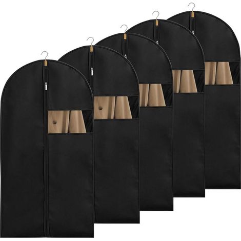 Lot de 5 Housses de Vêtements 120 x 60 cm Anti Poussière Etanche Humidité Pliable Housse Costume avec Fenêtre Transparente Housse Manteau à Suspendre avce Zip pour Chemise, Costume, Manteaux, Noir (1/5)