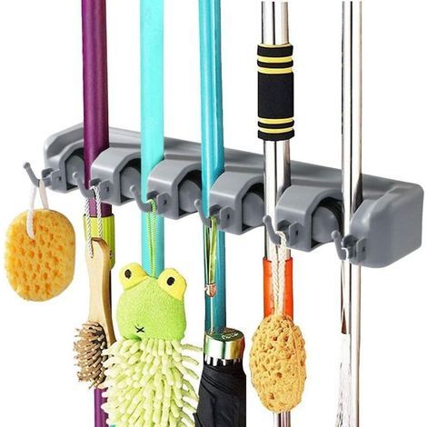 YMYNY Porte Balai Mural Multifonctions,Support Cintre de Rangement pour Votre Cuisine,Garage,Buanderie (5 Emplacements et 6 Crochets) (1/5)