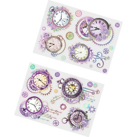 2pcs Autocollants DIY Carnet Thème Horloge Fleur Bonne Adhérence Décos Journal Planner Journal Intime Enveloppe Album Violet (1/5)