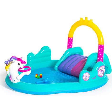 Plateforme de jeux d'eau gonflable - AVIZAR - Licorne Magique - 220L - Toboggan amovible - Pulvérisateur d'eau