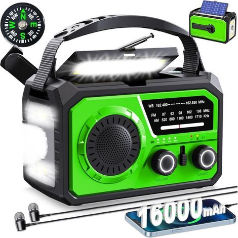 16000 mAh Emergency Radio  Hand-cranked and solar-powered radio with USB charging, three-mode flashlight, SOS alarm and integrated compass.