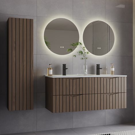 Ensemble meuble double vasque encastrée 120cm et colonne Siena bois et noir (1/5)