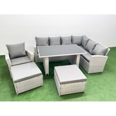 Fimous Outdoor Garden Furniture Sets 9 Seater Wicker Rattan Corner Sofa Sets with Rectangular Dining Table Lounge Sofa 2 Big Footstools Armchair Light Grey (1/4)