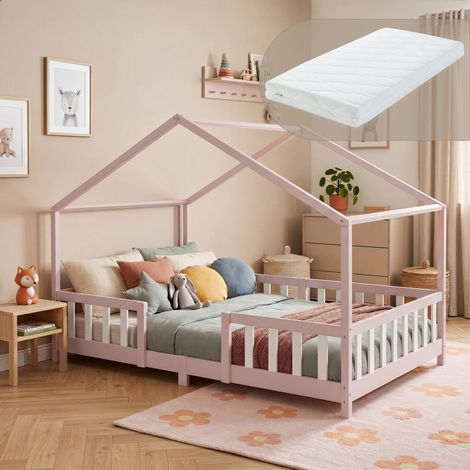 Letto per Cameretta Treviolo a Forma di Casetta in Stile Montessori con Materasso 140x200 cm - Rosa/Bianco [en.casa] (1/5)
