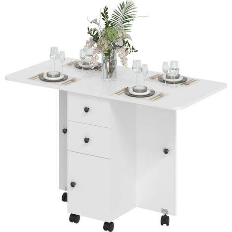 Table de salle à manger pliante, table de cuisine roulante avec tiroirs et placard, blanche (1/5)
