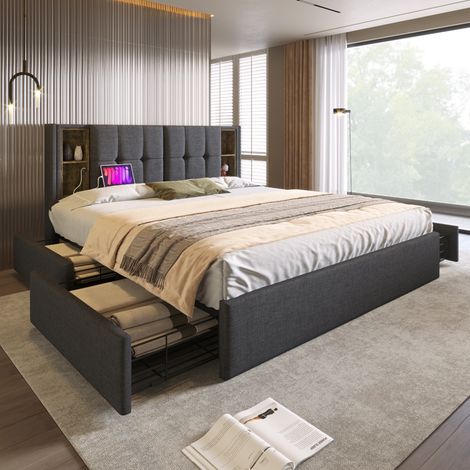 Cama doble 160x200 cm con 4 cajones carga inalámbrica y puerto USB-C somier de listones de madera color gris(Sin Colchón) (1/5)