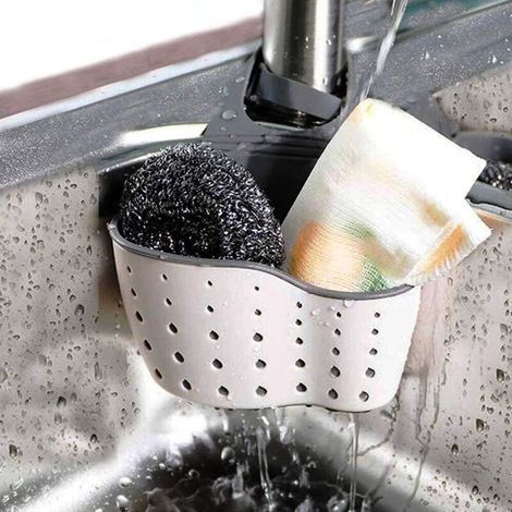 Supporto per lavello da cucina, porta spugna, porta sapone in plastica e silicone, cinghia di sospensione regolabile, supporto per rubinetto con fori di drenaggio per l'asciugatura