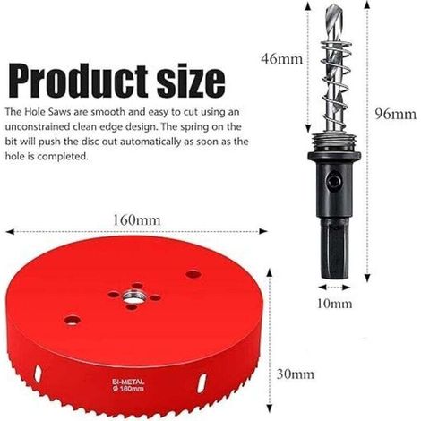 Scie cloche 160 mm,Acier rapide HSS M42 bi-métal,Scie-cloche avec tige hexagonale et foret pour bois, construction sèche et tôle métallique1 pièce Rouge Profondeur de coupe jusqu'à 31 mm
