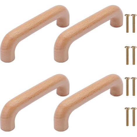 4-teiliges Set aus Holzmöbelgriffen, Schubladengriffen, Türgriffen und Schrankgriffen aus Buche für Küche, Kleiderschrank und Kommode (Gesamtlänge 111 mm, Holzfarbe) (1/5)
