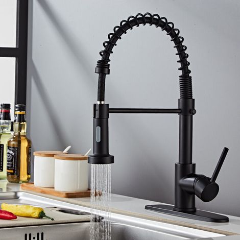 Mango de resorte de aleación de cobre negro mate - Con resorte helicoidal - Giro de 360° - Grifo de cocina con caño extraíble - Alta presión