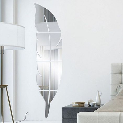 Miroir autocollant mural DIY en acrylique 3D Plume Miroir Sticker mural Décoration murale pour chambre d'enfant chambre à coucher salon maison Décoration,73x18CM (Argent) (1/5)