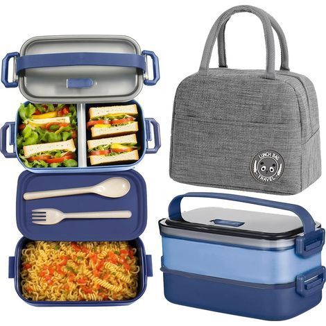 Bento Lunch Box Kit, 1600ml 2 Etages Boite Repas avec Sac Isotherme Repas, Hermétique Boîtes Bento pour Pique Nique, Travail, Goûter, Ecole, Boîte à Lunch Micro Ondable(Bleu) (1/5)