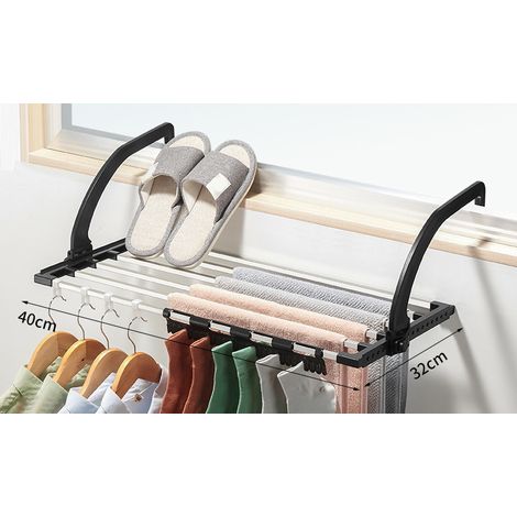 Étendoir balcon inox pliable Noir 40x32cm Charge 13.5kg avec pinces et crochets anti-vent