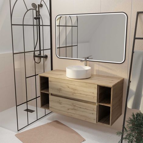 Mueble de baño 120 Efecto Roble 2 cajones, Lavabo blanco, Espejo Led 100x70 (1/4)