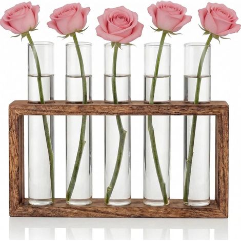 Vase Decoratif Petits Vases en Tubes à Essai,avec Support en Bois (1/5)