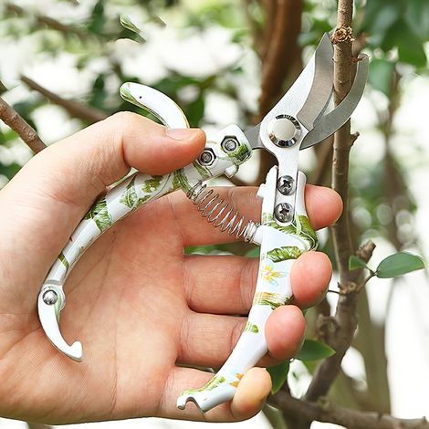 Taille-haies de jardin polyvalents (lot de 2), ciseaux de taille bypass et droits aigus avec verrou de sécurité et motif floral, coupeurs manuels multifonctions pour la taille des plantes du jardin (1/3)
