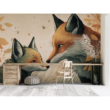 Papier peint animaux couple de renards dans les feuilles dautomne - 300 x 250 cm (1/2)