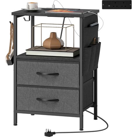 Table basse multifonction avec station de charge, cadre en acier, ports USB-C, tiroirs et crochets, dimensions 40x30x60 cm noir (1/5)