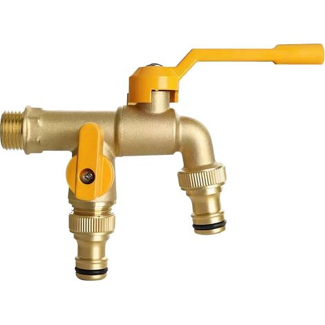 Robinet d'extérieur double en laiton, à deux sorties — 4,5 x 3,5 po — Robuste et antigel, à haut débit, fixation murale, pour usage au jardin.