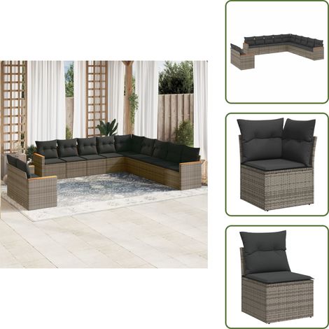 11-tlg. Garten-Sofagarnitur mit Kissen Grau Poly Rattan - Gartensorgsgarnitur - Polyethylen-Rattan - Outdoormöbel - Gartenlounge - Lounge Set (1/5)