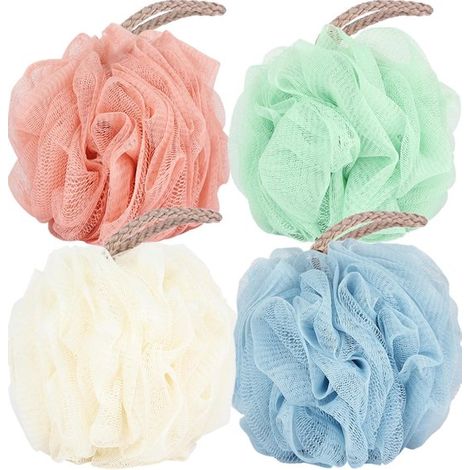 Set di 4 spugne di luffa - 50 g ciascuna - 4 colori - Spugna da bagno a rete morbida ed esfoliante - Con anello per appenderla (1/5)