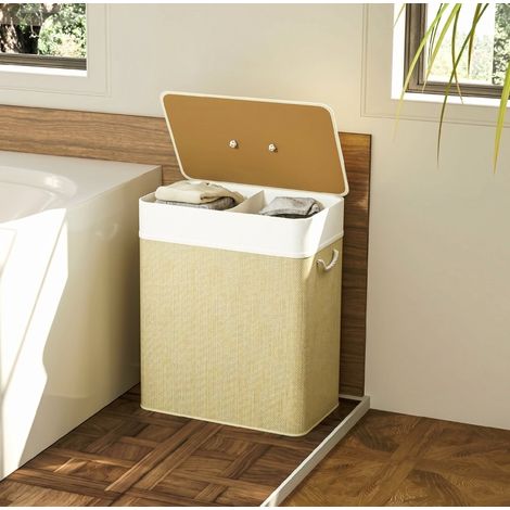 Cesto portabiancheria in bambù con coperchio, 100 L, 2 scomparti, maniglie in corda, bianco DESVIAE (1/5)