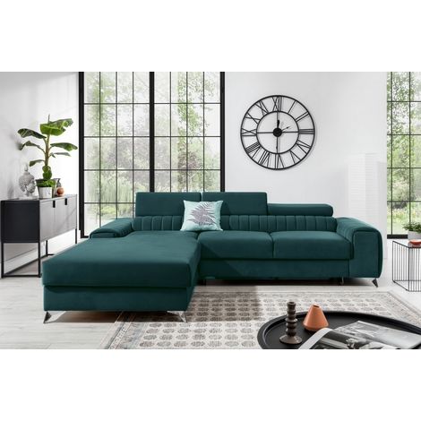 Canapé d'angle convertible en tissu velours Luxe vert, 5 places, angle gauche (vu de face) - GRECE VELOURS (1/5)