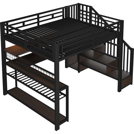 Lit mezzanine métallique 140x200 avec LED, bureau, armoire et rangements, noir (1/5)
