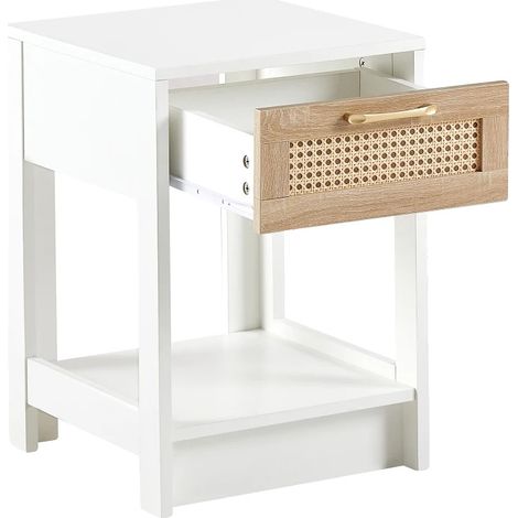 Mesita de noche de diseño moderno, con almacenamiento multifuncional, 40 x 40 x 55 cm, color natural y blanco. (1/2)
