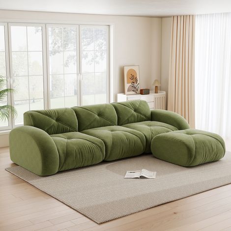 Ecksofa modular aus Chenille Grün, 3-Sitzer mit Hocker, rahmenloses Sofa ohne Montage (1/5)