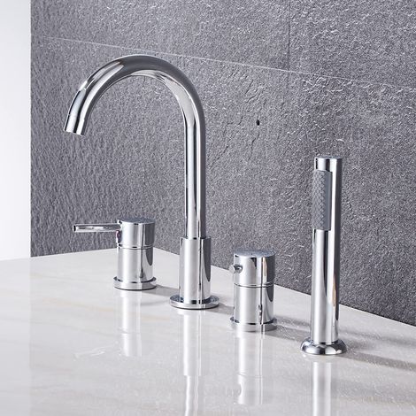 4 Trous Robinet de Douche Chaud et Froid Mitigeur Robinet Douche pour Baignoire Bifonctionnel Robinet Baignoire avec Pommeau de Douchette Extractible,Chrome (1/5)