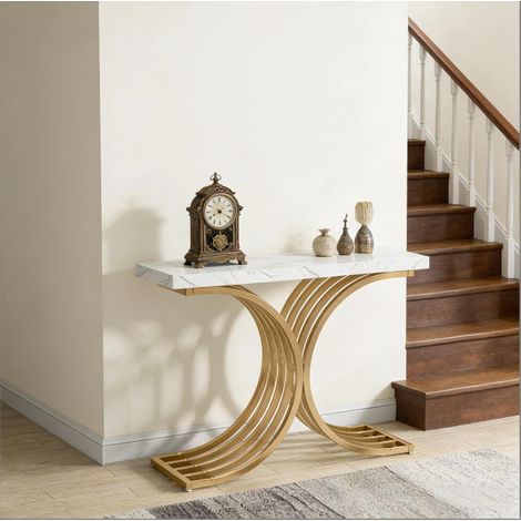 Console 100x30x80 cm effet marbre blanc et métal doré, gain de place pour entrée FloraGrace (1/5)