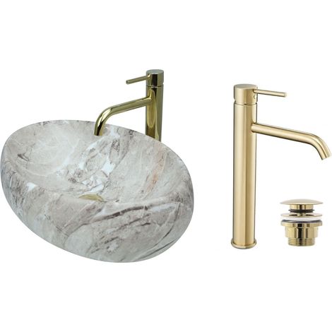 GTM Design Aufsatzwaschbecken 48 cm Matt Set mit Waschtischbatterie und Stopfen - Aufsatzwaschbecken Oval für Badezimmer - Modernes Waschbecken ohne Hahnloch - Waschbecken mit Armature (1/5)