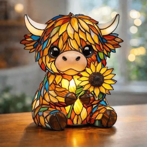 Ortviai Veilleuse LED Vache des Highlands en Tournesol - Lampe d'Art 3D Faite à la Main - Décoration de Bureau et Chambre Style Vitrail - Cadeau Créatif pour la Maison (1/5)