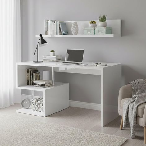 Bureau PC Linéaire, Table de bureau polyvalente, Bureau gain de place multi-positions, 140x60h78 cm, Blanc brillant (1/5)