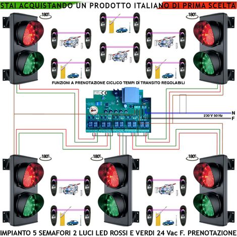 Kit Impianto Semaforo 5 Vie Transito Alternato 4 Semafori 2 Luci 24 Led Rossi e 24 Verdi 24 Vac IP65 Centrale Tempi Percorrenza Regolabili da 0,5 a 3 Minuti Ordine di Arrivo Con 10 Coppie Fotocellule (1/4)