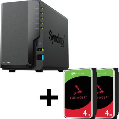 Synology DiskStation DS224+ Caja vacía para servidor NAS de 2 ranuras + HDD Seagate Ironwolf SATA de 3,5"" de 8 TB (2x