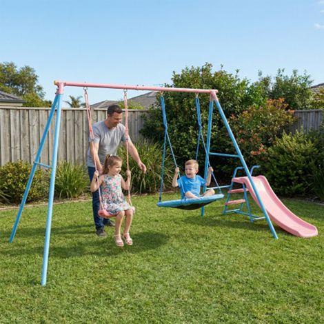 Ensemble de jeu extérieur XNS107 composé de deux balançoires et d’un toboggan, parfait pour le jardin afin d’amuser les enfants. (1/4)