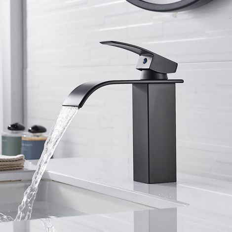 Rubinetto da bagno moderno con beccuccio a cascata nero, design elegante, rubinetto da bagno in ottone nero (1/5)