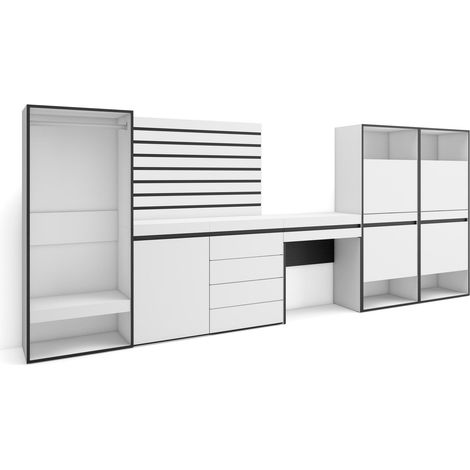 Skraut Home - Schuhregal, Schuhschrank, Schuhaufbewahrung, 357x145x35 cm, Für Schlafzimmer, Zimmer, Offener Kleiderschrank, Kommode mit Schubladen, Lamellenwand Holz, Schminktisch, Moderner Stil, Weiß (1/5)