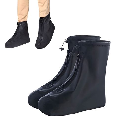 Copriscarpe impermeabili, copriscarpe antipioggia, con cerniera e coulisse, protezioni impermeabili per scarpe, per moto, scooter e bicicletta, taglia 37-38, nero (1/5)