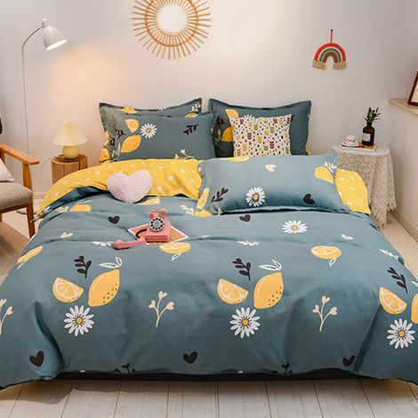 Ensemble de literie 4 pièces en coton doux : drap-housse, housse de couette et taie d’oreiller. Linge de lit épais, motif citron, 1,2 m / 47,2 pouces. (1/5)