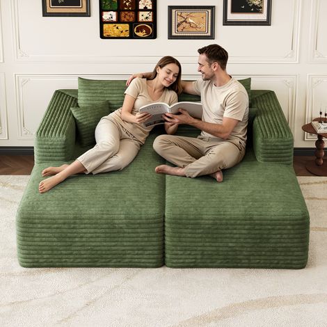 Canapé Convertible 2 places en velours côtelé vert, Canapé d'Angle Moderne ouverture express avec chaiselongue, module modulaire, assise moelleuse, montage non requis, sans armature (1/5)