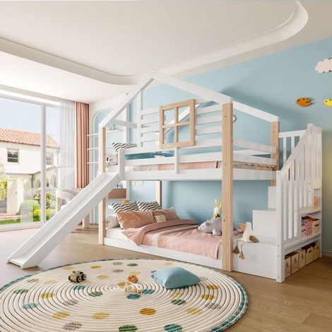 Lit Superposé90x200cm - Toboggan et Escaliers Rangement - lit Superposé Enfant - Bois Massif, Style Scandinave, garde-corps sécurité