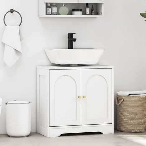 Meuble vasque salle de bain blanc avec meuble de rangement à portes et étagère réglable, pour lavabo suspendu ou sur pied. (1/5)