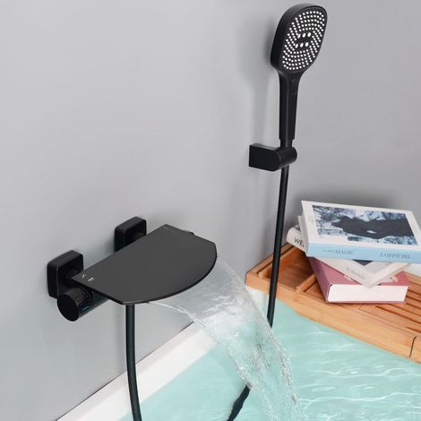 Robinet de Baignoire avec Douchette, Mitigeur Baignoire Cascade, Mitigeur Bain Douche Mural, Laiton, Noir, 16Y3OK (1/5)