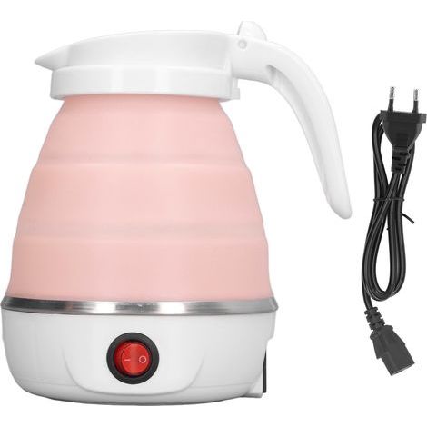 Bollitore pieghevole in silicone, 600W, efficiente e sicuro per gli alimenti, ideale per viaggi, campeggio e attività all'aperto. Spina europea da 220V, colore rosa. (1/5)