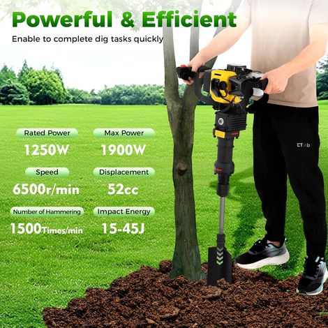 Pelleuse pour jardin, bétonnière à 2 temps 52CC portable à essence, 6500 tr/min, énergie de frappe 15-45J, pelle portable pour jardin, ferme et maison (1/5)