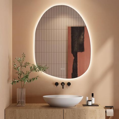 Dripex Miroir Salle de Bain 90 x 68cm, Miroir Asymétrique Salle de Bain avec éclairage LED, Interrupteur Tactile, Lumière Réglable 3 Couleurs, Anti-buée, Mémoire