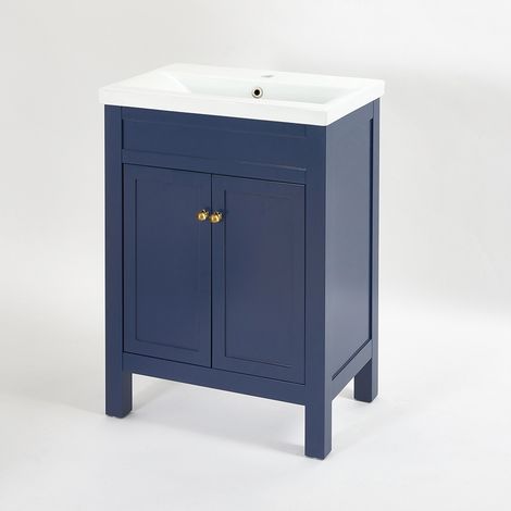 Milano Aston Navy Blue 615mm Bathroom Cloakroom Vanity Unit with Basin and Round Handles - Aged Gold Handles (1/5)